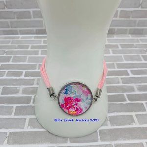Handmade - Watercolor Floral Light Pink Adjustable Leather Bracelet
